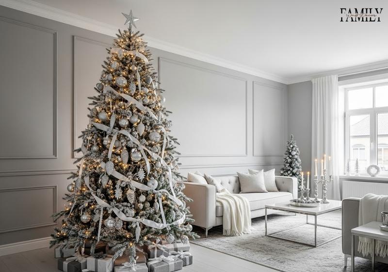 Modern gray-walled living room with a silver and white decorated Christmas tree, warm lights, wrapped presents, and minimalist neutral furniture.