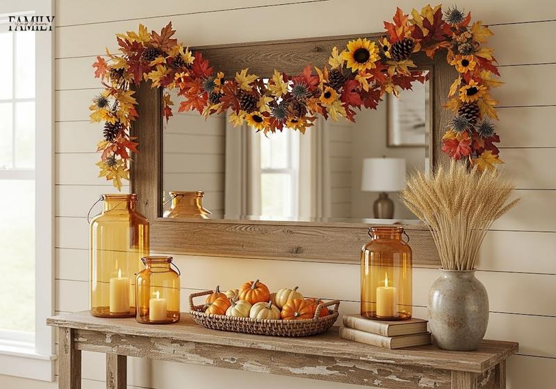 Rustic wood mirror draped with fall leaf and pinecone garland above console.