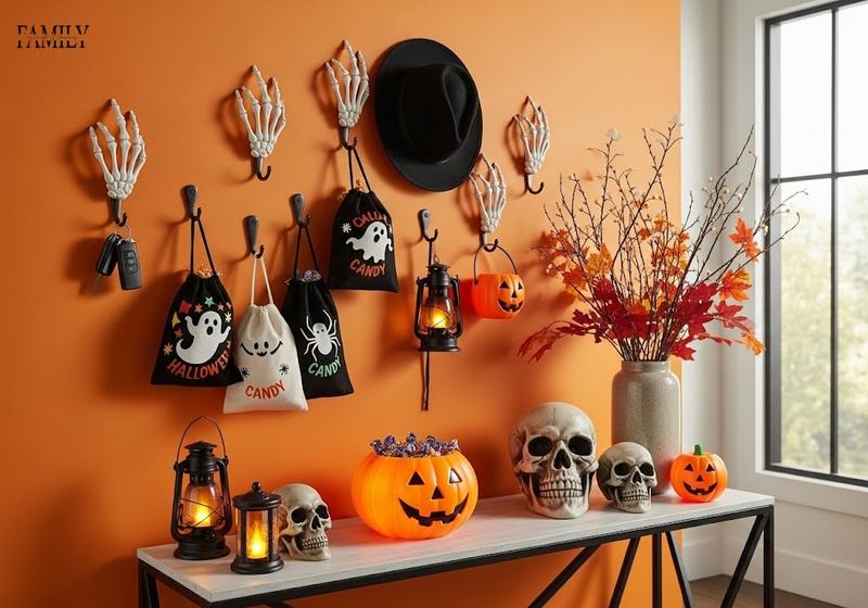 Skeleton hand wall hooks with Halloween candy bags and lanterns on orange wall with spooky props