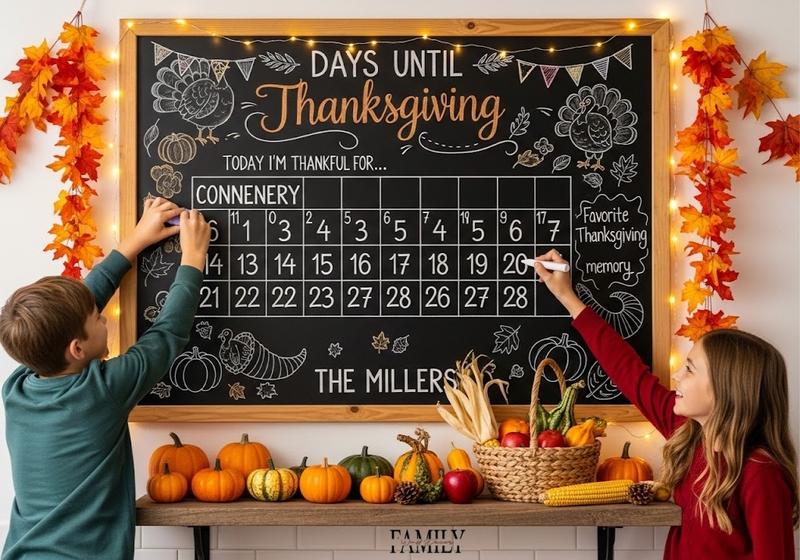 Personalized Thanksgiving countdown chalkboard calendar with family names and autumn accents in a cozy kitchen