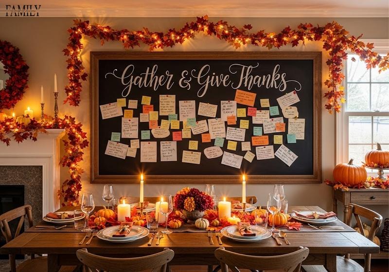 Thanksgiving dining room with a quote chalkboard wall reading “Gather & Give Thanks” and handwritten notes of gratitude, rustic table, and warm autumn decor.