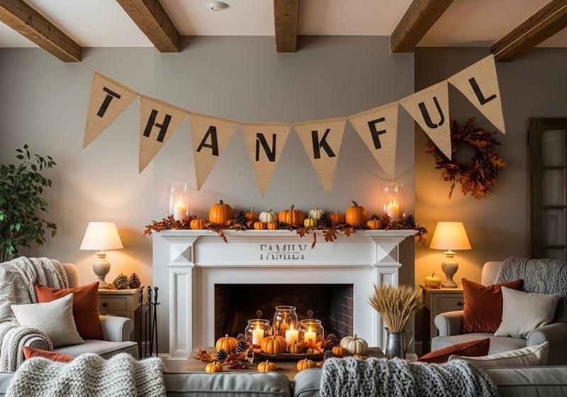 Rustic living room with burlap 'Thankful' banner, autumn mantel decor, and warm candlelight.