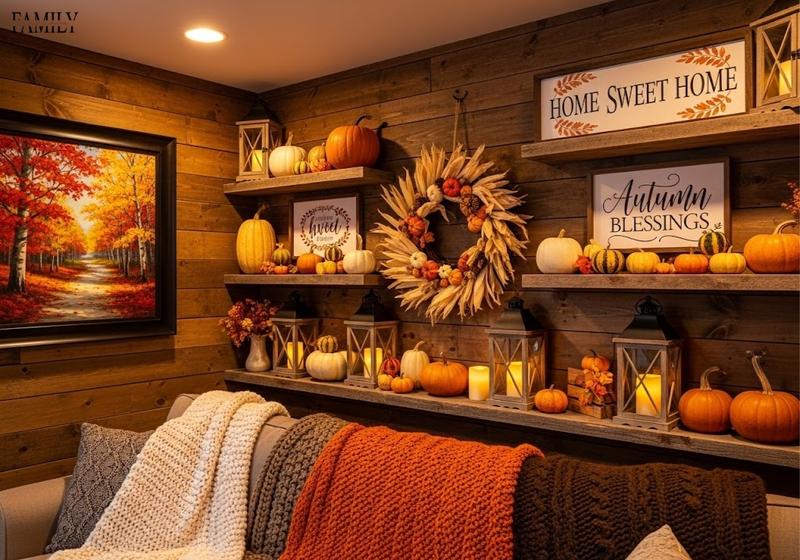 Cozy rustic fall living room with wood walls, autumn decor, lanterns, and sofa.