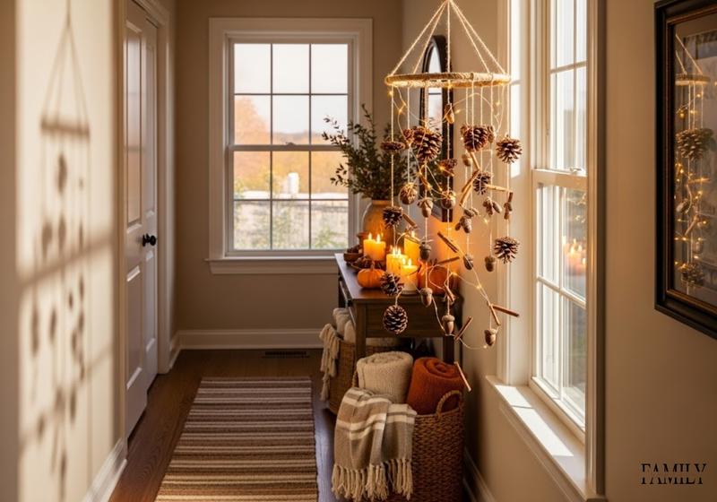 Thanksgiving hanging mobile of pinecones, acorns, and cinnamon sticks with LED fairy lights swaying near a hallway window