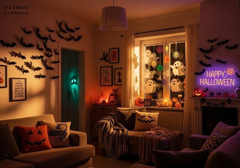 Cozy living room decorated with homemade Halloween wall art, paper bats, friendly ghosts, colorful suncatchers, and a glowing neon “Happy Halloween” sign for a fun spooky vibe.