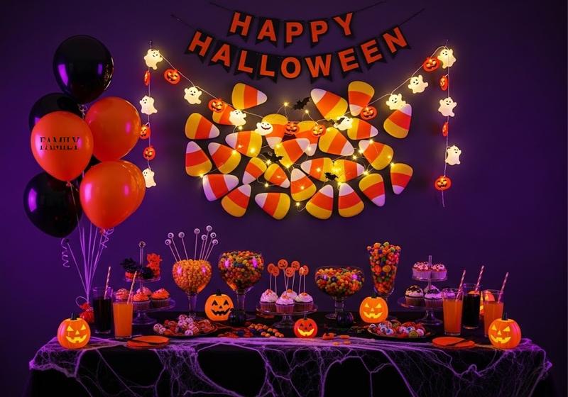 Halloween party corner with candy corn wall art, festive lights, party snacks, pumpkins, and Halloween decorations.