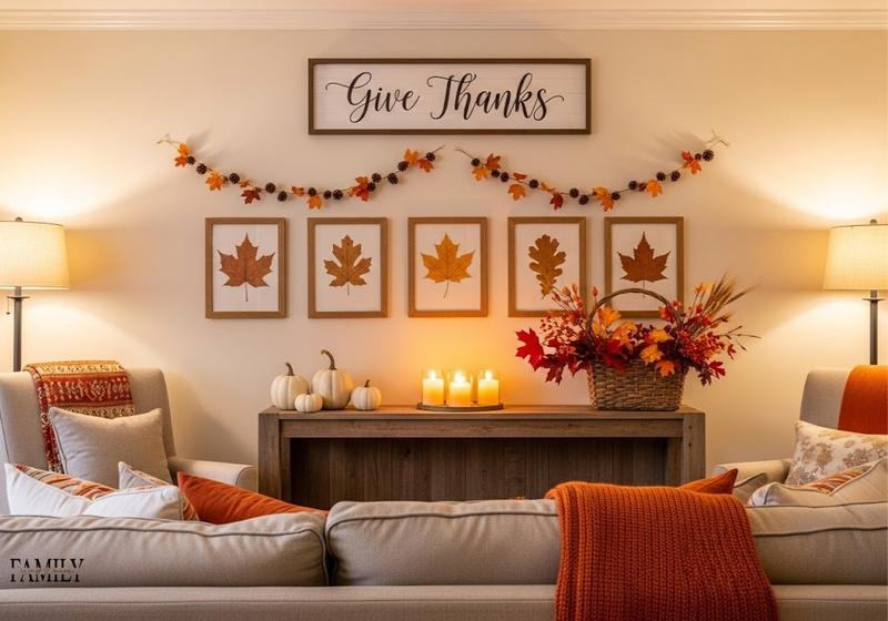 Quick Thanksgiving wall decorations featuring a “Give Thanks” sign, autumn leaf prints, pinecone garland, and a basket of fall flowers above a cozy console table.