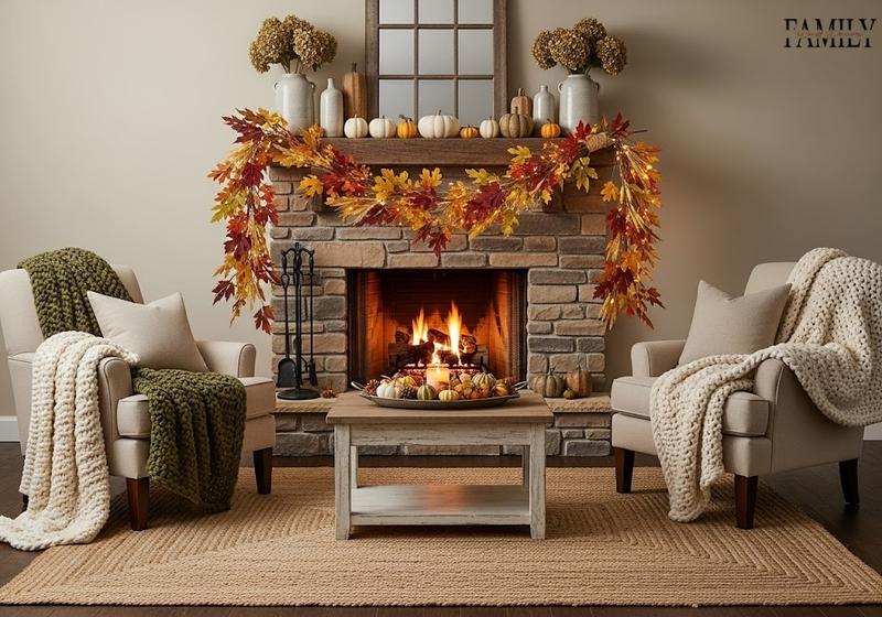 Cozy rustic farmhouse living room with a soft leaf and wheat garland, subtle fairy lights, neutral mantel decor, stone fireplace, and warm seating accents.