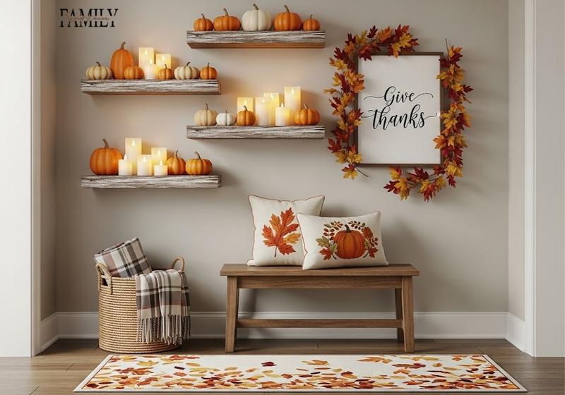 thanksgiving-entryway-floating-shelves-mini-pumpkins