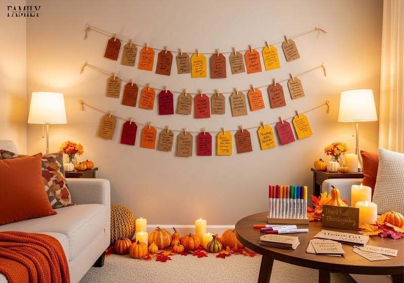 Cozy Thanksgiving living room with a wall of kraft thankful cards on twine, clipped with wooden clothespins, surrounded by pumpkins, candles, and fall leaves.