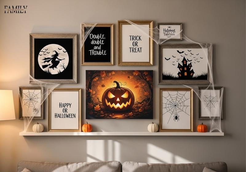 Wide shot of printable Halloween wall art gallery with framed spooky quotes, silhouettes, and one professional canvas accent in a cozy living room.
