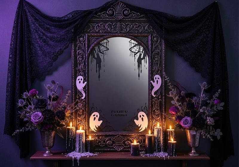 Elegant gothic mirror Halloween party wall with ghostly face decals, intricate patterns, dark candles, and soft purple lighting.