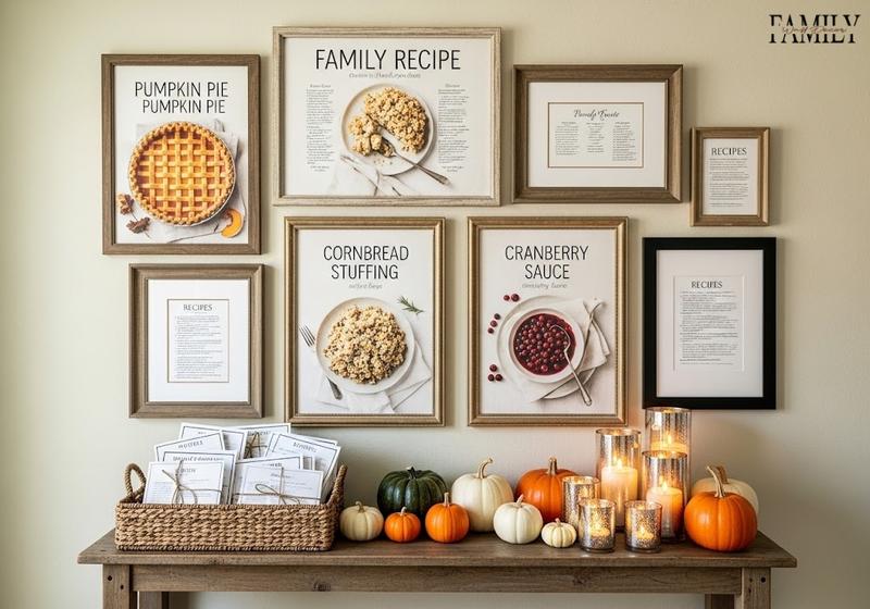 Thanksgiving dining room wall with framed family recipes, a console table of recipe cards, pumpkins, and candles for a warm interactive holiday display.