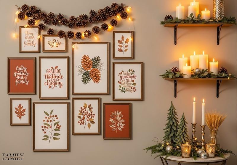 Thanksgiving pinecone wall decor styled with warm seasonal colors, layered framed art, fairy lights, candles, and rustic accents
