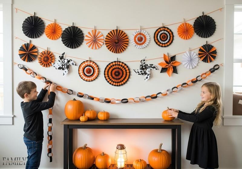 Eco-friendly Halloween wall with compostable paper chains, accordion fans, and pinwheels in black, orange, and white, with kids helping decorate.