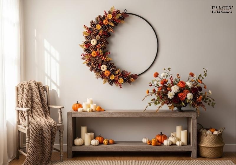  Asymmetrical crescent pinecone wreath with berries and pumpkins in cozy entryway decor