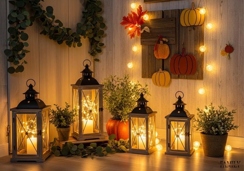 Rustic fall wall with warm lantern lights and eucalyptus greenery for cozy ambiance.