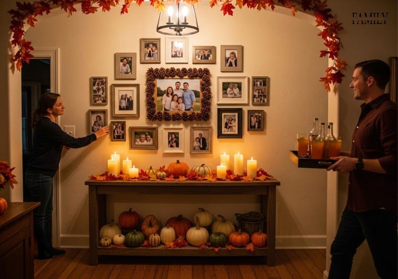 Thanksgiving memory wall with a pinecone-bordered family photo frame, surrounded by family portraits, pumpkins, autumn leaves, and candles in a cozy dining room hallway