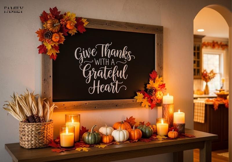 Rustic chalkboard Thanksgiving sign with candles, pumpkins, and autumn leaf accents.