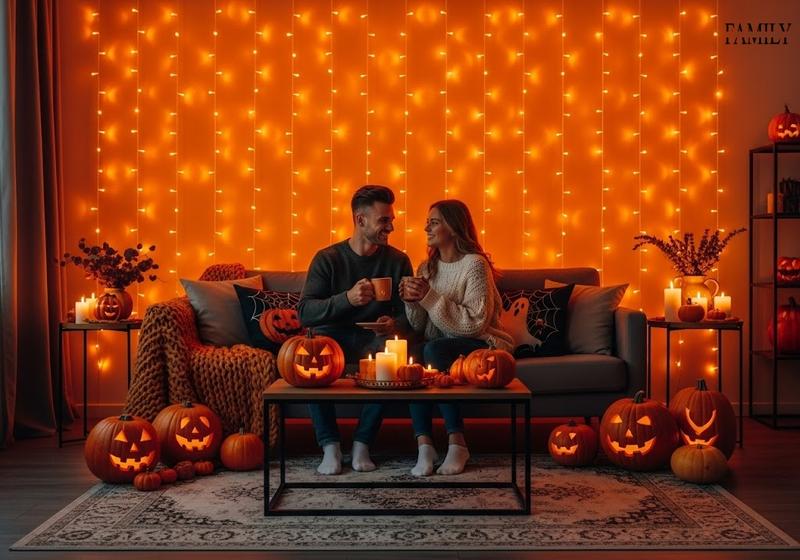 Couple enjoying coffee on sofa with orange fairy light curtain and Halloween pumpkins