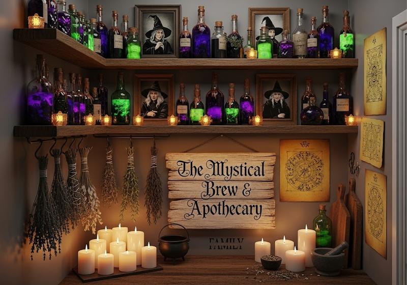 Witch’s potion wall with vintage potion bottles, dried herbs, witch portraits, and enchanted Halloween accents in a kitchen nook
