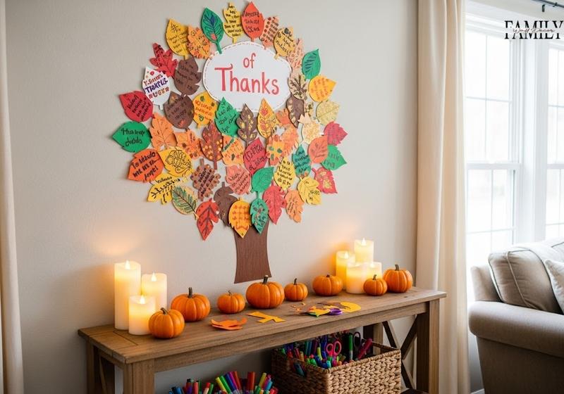 Thanksgiving living room with a colorful paper leaf collage “Tree of Thanks” on the wall, rustic console with pumpkins, candles, and craft supplies, creating a warm family holiday vibe.