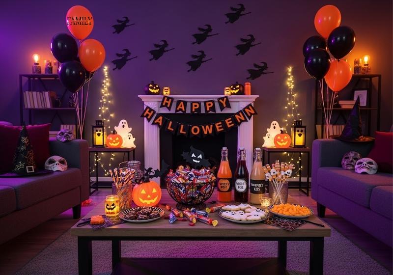 Halloween party living room with witch silhouettes, party snacks, themed drinks, balloons, and purple-orange lighting for a festive spooky vibe.
